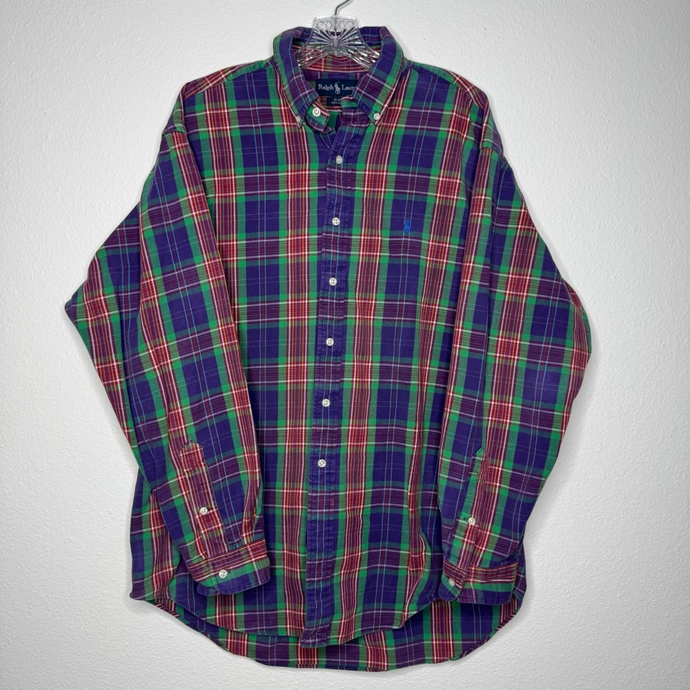 VTG Ralph Lauren Purple and Green Plaid Flannel Long Sleeve Button Down Men’s L‎